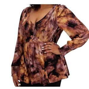 Torrid Women size 2 (2X) V Neck Baby-doll Top Crinkle Gauze Tie Dye Purple Tan